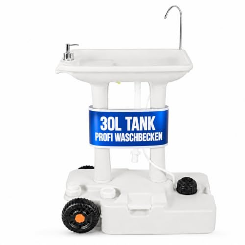 Stagecaptain PSW-30 Pro Quixie Portables Festival Camping-Waschbecken - Mechanische Fußpumpe - Wassertank mit 30 Liter - Spülbecken inklusive Spender für Flüssigseife und Handtuchhalter - hellgrau