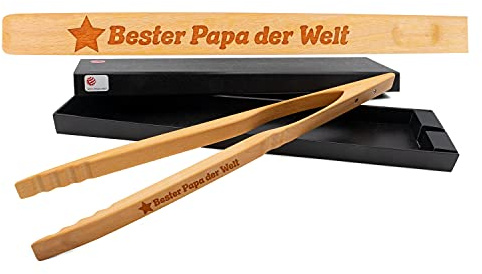 Zetzsche Design-Grillzange mit Gravur 'Bester Papa der Welt' inkl. Geschenkverpackung, Geschenk zum Vatertag oder Geburtstag, Holzzange Greta perfekt zum Grillen, Raclette oder Küche, 60 cm