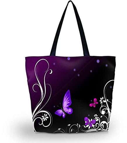 newplenty Borsa da spiaggia con cerniera, borsa per la spesa pieghevole, grande borsa impermeabile a tracolla da donna, farfalla viola, taglia unica