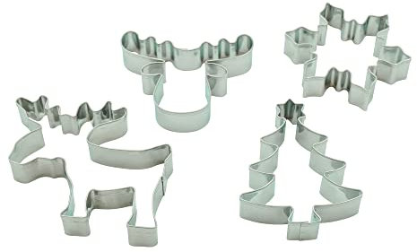 BekkiB 2324-4er Set Weihnachten - Ausstecher in Form von Elch, Schneeflocke, Tanne, Elchkopf - Spülmaschinengeeignete Edelstahl-Ausstechformen