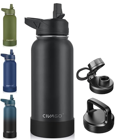CIVAGO 32 oz Insulated Water Bottle With Straw, Stainless Steel Sports Water Cup Flask with 3 Lids (Straw, Spout and Handle Lid), Wide Mouth Travel Thermal Mug, Black