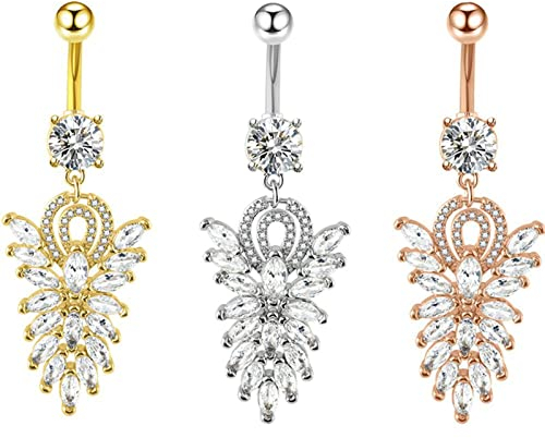 Beydodo Bauchnabel Piercing Ringe Chirurgenstahl, Bauchnabelpiercing Set Körperpiercing Blatt Anhänger mit Zirkonia Bauchnabelringe Tricolor