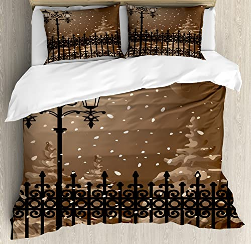 Ambesonne Evening Duvet Cover Sets, Frozen Scenery Iron Fences City Evening Snow Full Moon Graphic Sepia Colors, Bedding Set with 2 Duvet Covers & 4 Pillowcases, 2 Pack King Size, Pale Brown Black