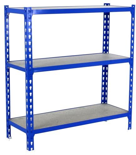 Simon Rack Metallregal 1000x1100x400 mm - Maderclick | 3 Höhen, Holzablage, Biegepunkt 200 kg, Korrosionsschutzlackierung, Klicksystem-Montage, Blau