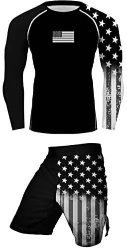 Men's BJJ, No GI, MMA, United States Flag Compression Tops and Board Shorts Training Workout Gym -Jiu-Jitsu Suit Sets