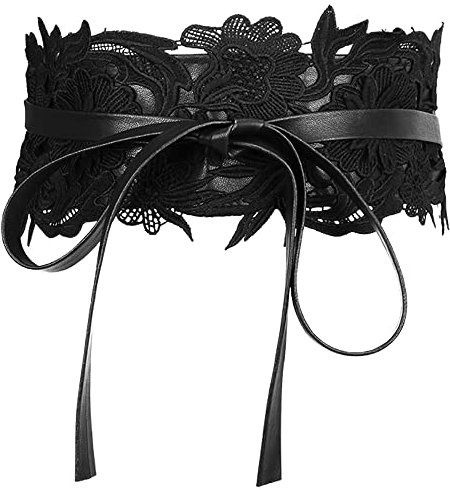 Weenkeey Damen Spitze Bindegürtel Breite Wickelgürtel Taille BandFliege Kunstleder Korsett Taillengürtel Bund für Kleid Hemden Mantel - Schwarz