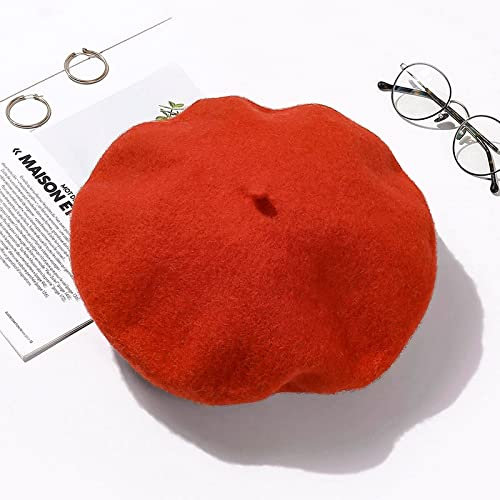 tcax Baskenmütze Damen Baskenmütze Frauen Winter Dicker Hut Mädchen Einfarbig Herbst Baskenmützen Hüte Für Frauen Flache Mütze Hut Filz Baskenmützen, Orange Rot, 53-57 cm