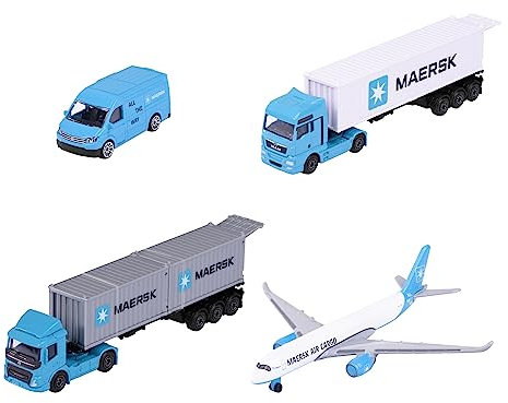 Majorette - Maersk Transport-Fahrzeug - 1 Modellauto aus Metall (Volvo Container-LKW, Man Truck oder Volkswagen Crafter mit Airbus A350-900), zufällige Auswahl, Spielzeug für Kinder ab 3 Jahre