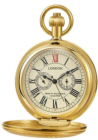 Whodoit Elegante orologio da taschino meccanico da uomo, con catena e scatola, MW159-oro