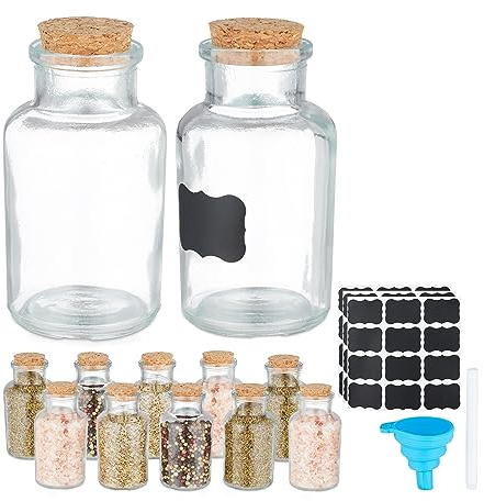 Relaxdays Gewürzgläser 12er Set, Korkdeckel, Gewürzdosen Glas, 150 ml, inkl. Etiketten, Stift & Trichter, transparent