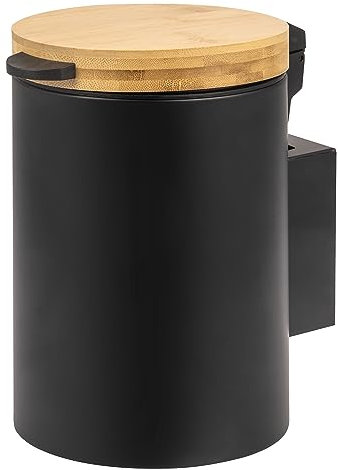 bremermann papelera redonda para cosméticos tapa de bambú incl. soporte de pared, papelera con fijación de 2 vías, para pegar o taladrar, capacidad de 3 litros, de metal negro