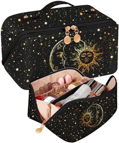 Bistup Makeup Bag Travel Cosmetic Bag Toiletry Make Up Bags Cute Women Large Capacity Big Medium Leather Sun Moon Aesthetic Portable Teen Girls Teenage Foldable Expandable Compact Open Flat Zip