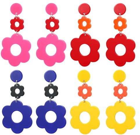 PHOGARY Boho Blumen Ohrringe, 4 Paare Hippie Ohrringe Damen 70er Jahre Accessoires für Mädchen, Acryl Blumenohrringe für Frauen, Harz-Böhmische-Ohrring Karneval Gänseblümchen Set, Neon Party Schmuck