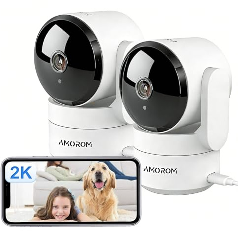 AMOROM 2K Indoor Security Wifi Camera with AI Custom Alerts, Pet Dog Cameras with App, Motion Detection, Pan/Tilt, Night Vision, Privacy Mode, Works with Alexa, 2.4GHz Wifi, 2 Pack