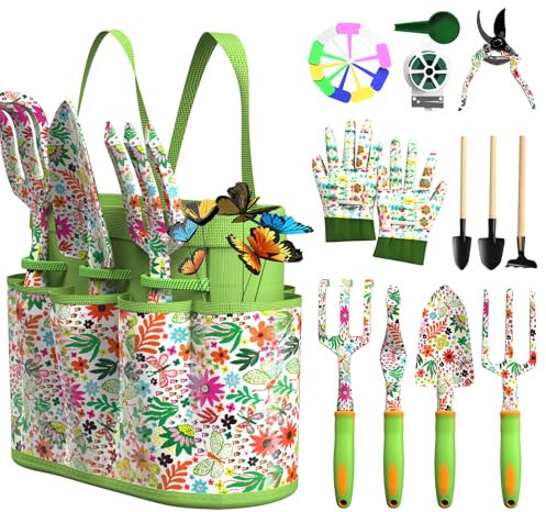 Gardening Gifts for Women Mum - 27PC Floral Print Metal Garden Tools Set with Bag Ideal Gardening Gifts for Ladies Gardeners Mothers Day Christmas Birthday