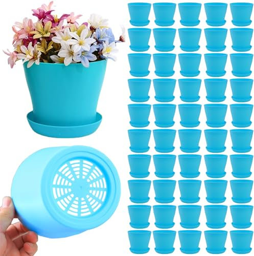Kleine Kunststoff-Pflanztöpfe mit Drainagelöchern, Blumentöpfe für Sukkulenten, Kakteen, Kräuter, afrikanische Veilchen, 50 Stück, Blau, 10,2 cm