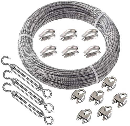 Roxanned 30m/3mm Stainless Steel Wire Rope Kit, Garden Wire for Climbing Plants with M5 Turnbuckle,Clamp Clip and Steel Thimble, for Deck Railing System,Outdoor Hanging Decoration, Garden Fence