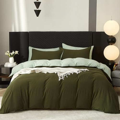 Gezu Bettwäsche 135x200cm Baumwolle Grün Olivgrün Grau 2Teilig Leinenfarbe Einzelbett Bettwäsche Set Weiche Baumwollgefühl Wende Bettwäsche Bettbezug 135x200 und Kissenbezüge 80x80 mit Reissverschluss