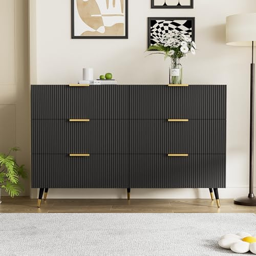 boorbin 120cm Sideboard Kommode, Moderne Kche Mbel Stauraum, 6 Schubladen,Hochglanz Gold TV Lowboard for Wohnzimmer Esszimmer (Schwarz+Gold, 120 * 77 * 40CM)