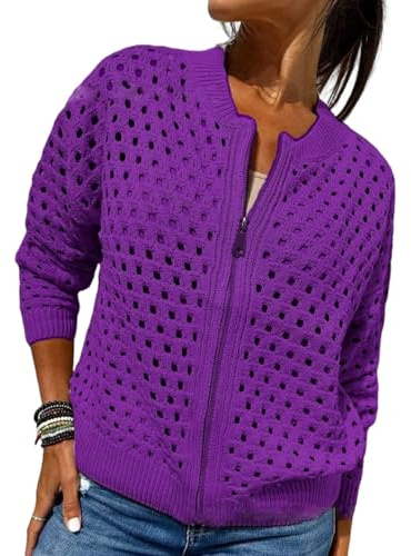Whimsyard - Chaqueta tejida con cremallera y recortes para mujer, suéter tipo cárdigan de ganchillo con cierre, top de punto con aberturas para mujer, prenda exterior tejida de ganchillo (Morado, 3XL)