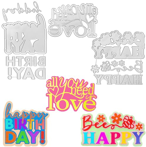 3 Sets Die Cuts for Card Making, SENHAI Die Cut Stencils Word Happy Birthday Wishes Words & Bee Happy Flower Wishes Words & All You Need is Love Words Embossing Template for Card Making