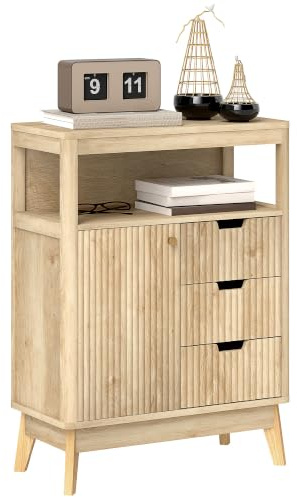 HOMCOM Sideboard Fluted Storage Cabinet Single Door Nature Wood Finish | Modern Design, Drawers, Adjustable Shelf, for Living Room, Kitchen, Dining Room, Bathroom, Bedroom