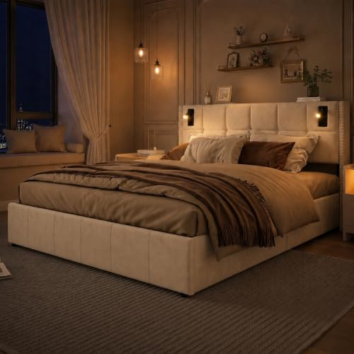 BPKADHY Polsterbett 160x200 cm mit Leselicht & USB-C Ladefunktion, Doppelbett Bettgestell mit Kopfteil, Hydraulisch Stauraumbett mit Stauraum und Lattenrost, Samt Beige (Beige, 160x200)