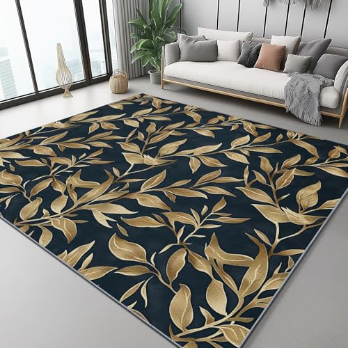 Tappeti per il soggiorno Pianta Foglie Di Salice, 60 x 110 cm Tappeto a pelo corto per camera da letto, zerbino per interni - per soggiorno e camera da letto Blu Navy Oro
