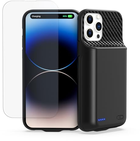 Akkuhülle für iPhone 14 Pro (6.1 Zoll), 13800mAh Tragbare Ladebatterie Zusatzakku Externe Handyhülle Batterie Wiederaufladbare Schutzhülle mit Panzer Schutz Glas Folie