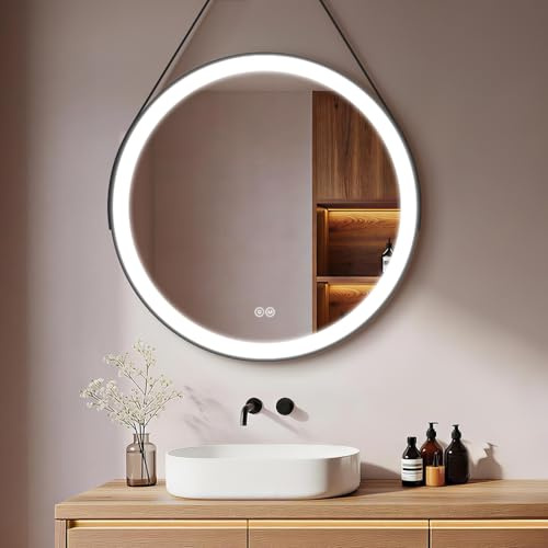 S'AFIELINA Badspiegel mit Beleuchtung rund 70 cm, LED-Badezimmerspiegel mit 3 Lichtfarben dimmbar, runder Spiegel mit Beleuchtung, Speicherfunktion, Wandspiegel mit schwarzem Rahmen, abnehmbares Band