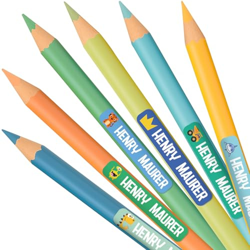 Pandawal® Namensaufkleber Stifte für Kinder Schule & Kita (100 Stück) Stifte Schulsachen Gegenstände personalisierte Aufkleber mit Namen - Wasserfest (Motiv Mix)