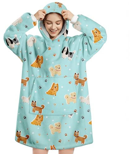 Queenshin Pläd huvtröja dam herr sherpa fleecefilt, vinterpläd poncho med ficka och varm ärm, mjuk bekväm för vuxna, Blå hund, One size
