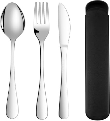 ABOHU Cutlery Set with Portable Pouch Case, 3 Piece Stainless Steel Flatware Set, Tableware Silverware Set with Spoon Knife and Fork Set, Mirror Polished, Dishwasher Safe - Black