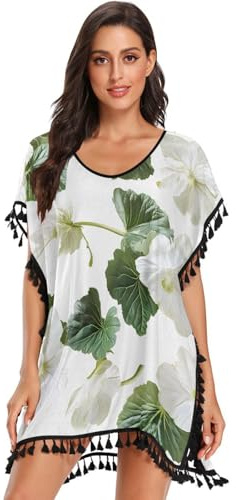GuoChe White Begonia Green Leafs Womens Swimsuit Cover Ups Dress Beach Coverups for Swimwear, White Begonia Green Leafs, S