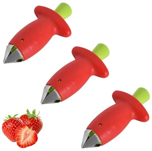 3 Stück Erdbeerstielentferner, Tomatenstrunkentferner, Edelstahl, Erdbeer Strunkentferner, Strawberry Entstrunker, Erdbeer Entstieler, Rot Obstentkerner für Weiches Obst und Gemüse
