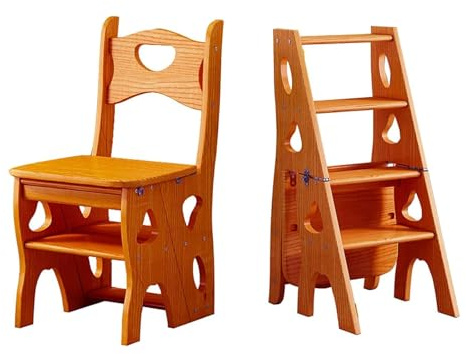 Wooden Folding Library Ladder Chair – 3-in-1 4-Step Stepladder, Lightweight Portable Ladder Shelf & Display Stand (Teak)