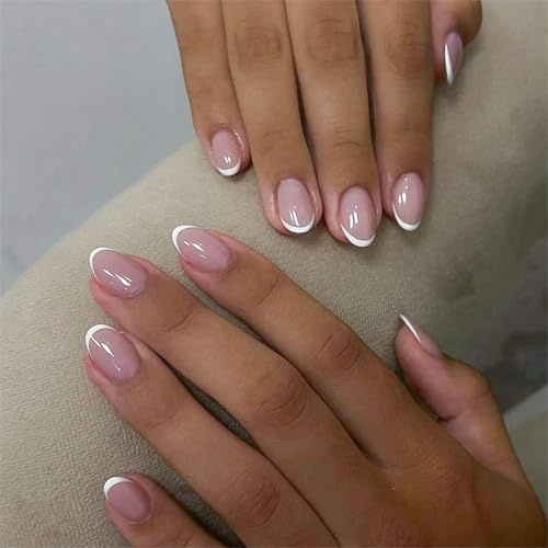 24 Stück French Press on Nails Kurz Almond - Nude Pink Weiß French Falsche Nägel Wiederverwendbar Full Cover Kunstnägel Nagel mit Nagelkleber - Für Frauen DIY Nageldesign