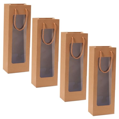 Kraftpapier Weintasche mit Sichtfenster 4 Stück für Flaschen | Braune Geschenktüten, mit Tragegriff, Schlicht und Stilvoll, für Party und Bankette