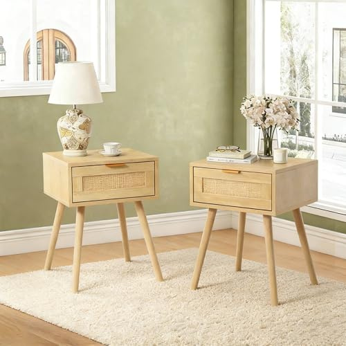 ROCSUMOO Nachttisch 2er Set Rattan Modern Beistelltisch mit Rattanschublade Nachtschrank 2er Set Holz-Beistelltisch für kleine Räume und Schlafzimmer Natürlich
