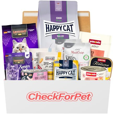 CheckForPet Katzenfutter Probierpaket Senior – Probierbox für ältere Katzen mit Katzenfutter nass & Trockenfutter, Nassfutter für Katzen von Top-Bewerteten Marken, Katzen Futter Geschenkidee