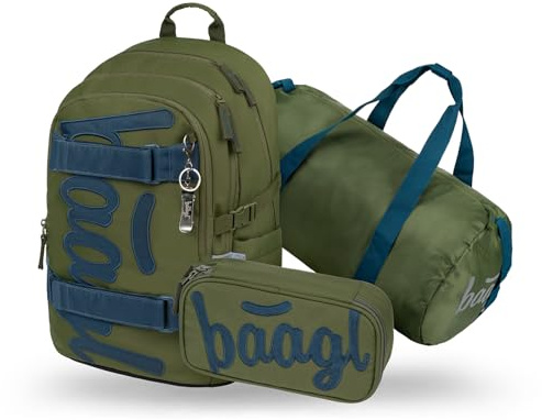 BAAGL Skolryggsäck Set Pojkar 3 Delar (Skateboard Ryggsäck, Pennfodral, Sportväska), Skolväska Från 3. Klass, Grundskola Med Bröstbälte, Ergonomisk Skolväska, 25 L, Oliv, Mittelgröße