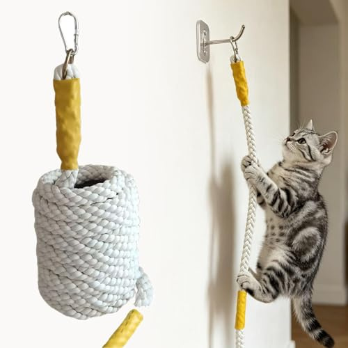 Cat Climbing Rope & Hanging Scratching Rope, Natural Hemp Wall-Mounted Cat Rope Ladder with Sturdy Mounting Hooks, Durable Interactive Climbing Toy for Indoor & Outdoor Cats (White)