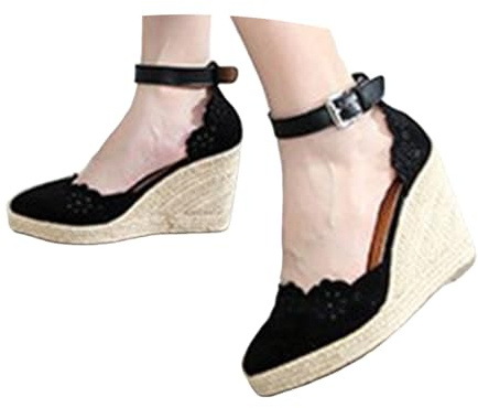 Genérico Sandalias femeninas punta afilada calada tacón estilo alpargata playa verano casual zapatos mujer elegante (Black, 34)