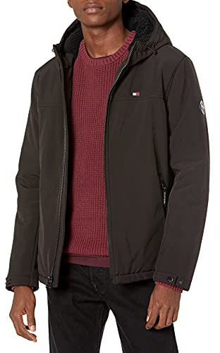 Tommy Hilfiger Men's Filled Soft Shell Hooded Open Bottom Jacket with Full Sherpa Lining, New Black, Medium