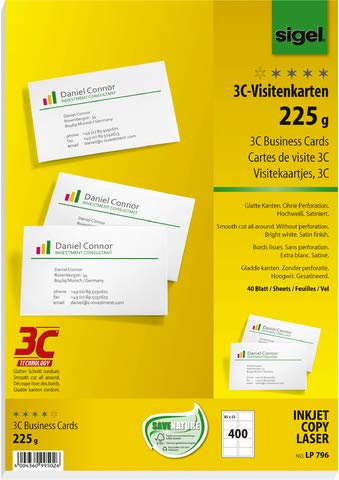 SIGEL Visitenkarte 3C, Inkjet/Laser/Kopierer, Edelkarton, 225 g/m², 85 x 55 mm, hochweiß, glatter Rand (400 Stück), Sie erhalten 1 Packung á 400 Stück