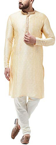 Sojanya (Since 1958 Men'S Silk Blend Gold Kurta And Off White Churidar Pyjama Set, Size 38
