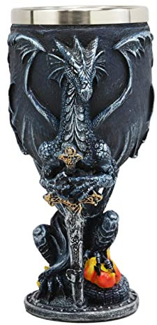 Ebros Celestial Blue Divine Fire Winged Dragon With Excalibur Sword Wine Goblet Chalice Cup 7oz Capacity Figurine Resin With Stainless Steel Liner Medieval Dungeons And Dragons Alchemy Decor
