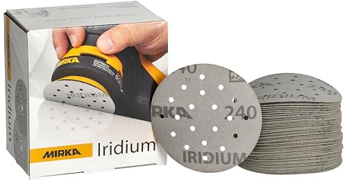 Mirka papel de lija Iridium Ø 77 mm 20 agujeros grano 240 50 piezas | Ideal para lijar laca masilla imprimación madera acero y plásticos con cierre adhesivo para fijación rápida y segura