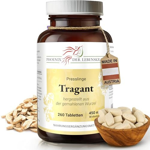 Tragant Tabletten à 450 mg Wirkstoff (Astragalus membranaceus), 260 Tabletten, Premium Qualität, Hergestellt in Österreich, Tabletten statt Kapseln, Vegan