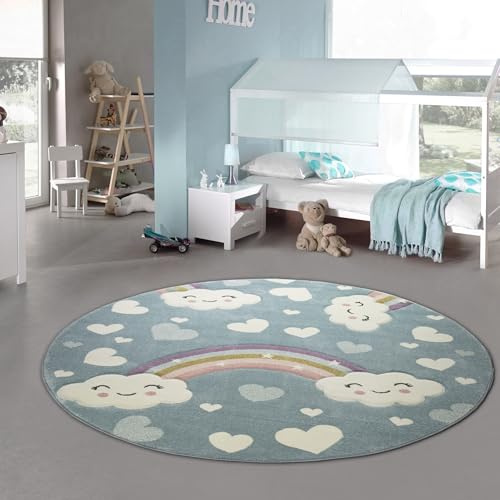 Teppich-Traum Kinderteppich Kinderzimmerteppich Regenbogen mit Wolken und Herzen in blau Größe 120 cm Rund